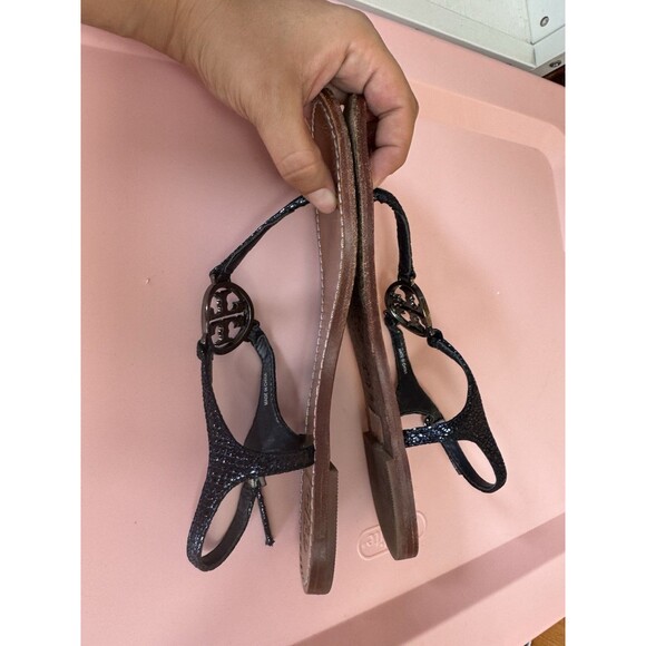 TORY BURCH NAVY BLUE GLITTER & RHINESTONE T STRAP SANDALS THONGS SIZE 8 - Picture 7 of 11